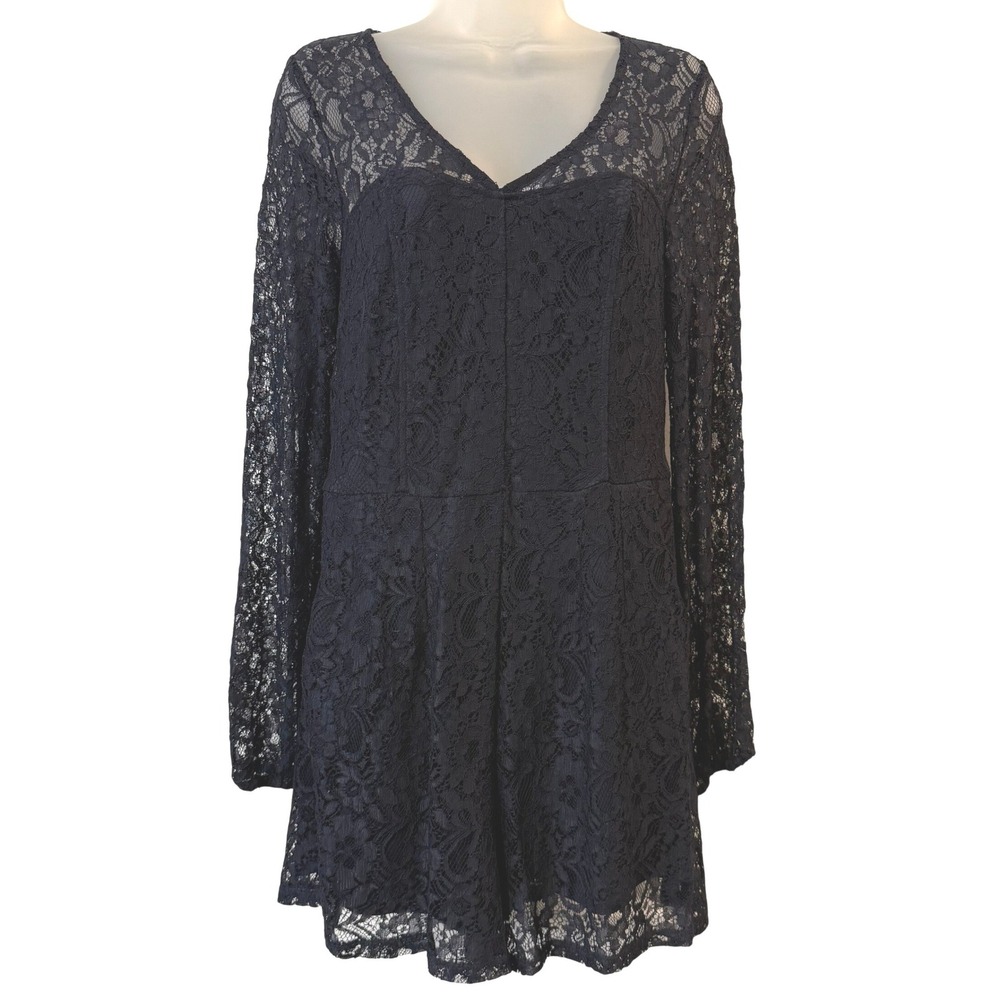 NEW Love Fire Women Navy Blue Floral Lace Long Sleeve Romper L Witchy Goth Fairy